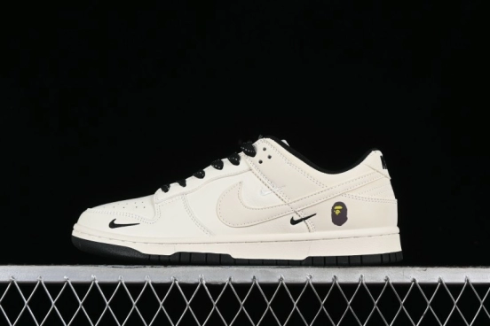 Nike SB Dunk Low BAPE Collaboration - Off-White Black Swoosh Anniversary Custom Low-Top Casual Skate Shoes - XD6188-037