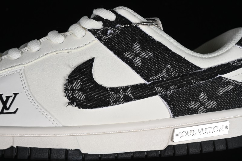 Nike SB Dunk Low LV Collaboration - Black Denim Off-White Black Swoosh Anniversary Custom Low-Top Casual Skate Shoes - DJ2024-009