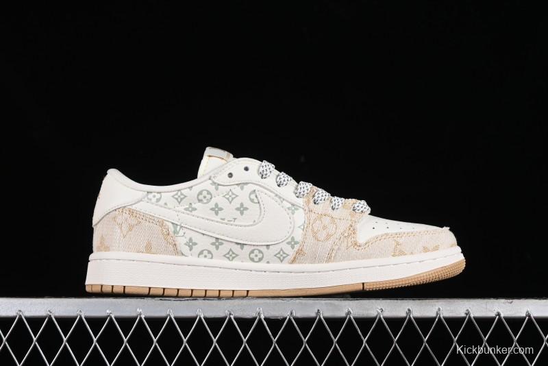 Nike Travis Scott x Fragment Design x Jordan Air Jordan 1 Low OG SP AJ1 LV Khaki Denim Casual Sneakers - SJ2068-009