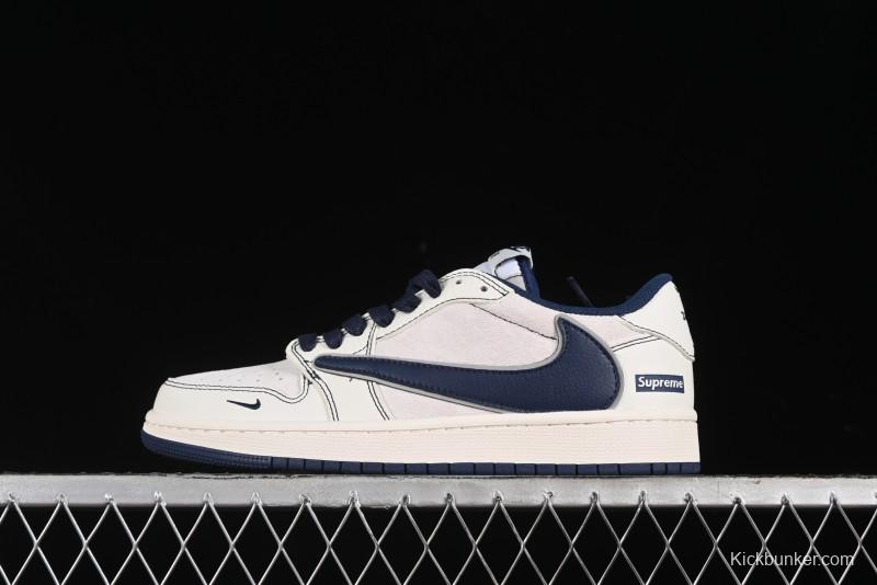 Nike Travis Scott x Fragment Design x Air Jordan 1 Low OG SP AJ1 Supreme Collaboration - Dark Blue Swoosh Low-Top Casual Sneakers - XZ2268-001