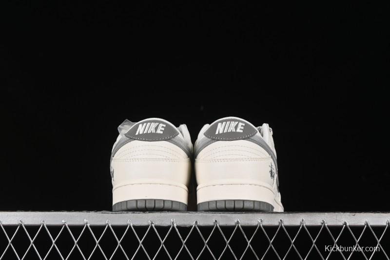 Nike SB Dunk Low Stussy Collaboration - White Grey Double Swoosh Anniversary High-End Custom Low-Top Casual Sneakers - XX2025-206
