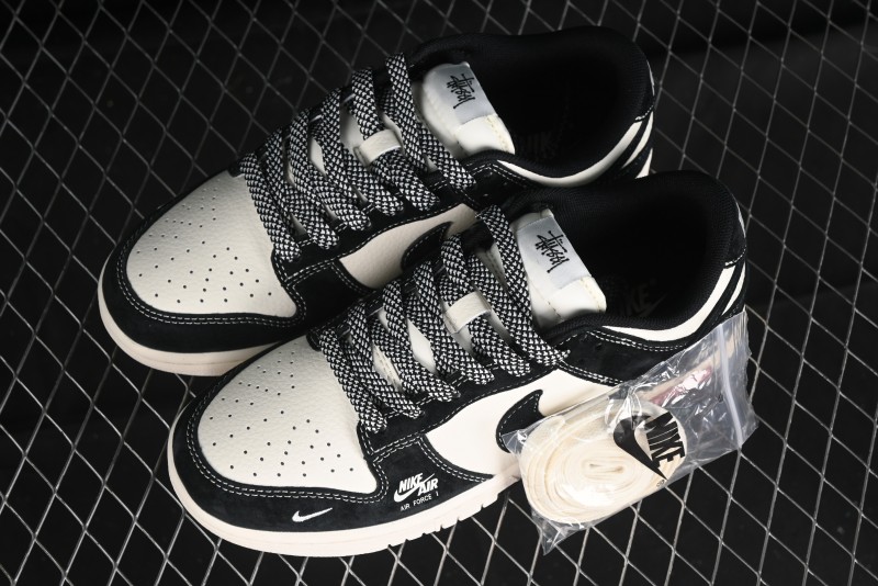 Nike SB Dunk Low Supreme x Stussy Triple Collaboration - Black White Black Swoosh Anniversary Custom Low Top Casual Skate Shoes - SJ2068-300