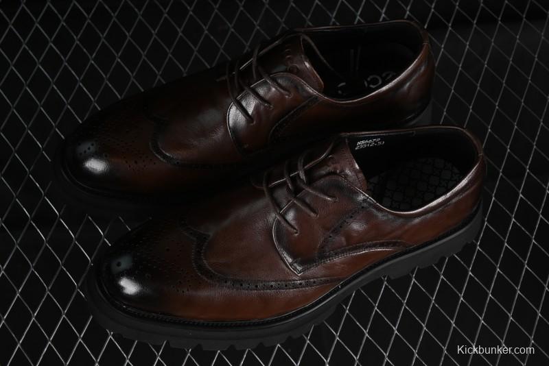 ECCO Block Derby Round Toe Genuine Leather Brogue Dress Shoes - 63667201002