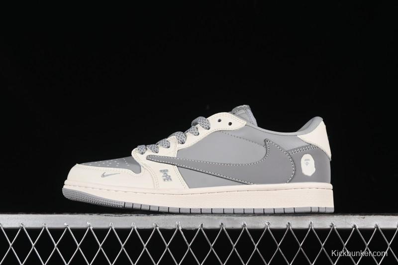 Nike Travis Scott x Fragment Design x Air Jordan 1 Low OG SP AJ1 Bape Collaboration - Moon Shadow Grey Low Top Casual Sneakers BB6511-625