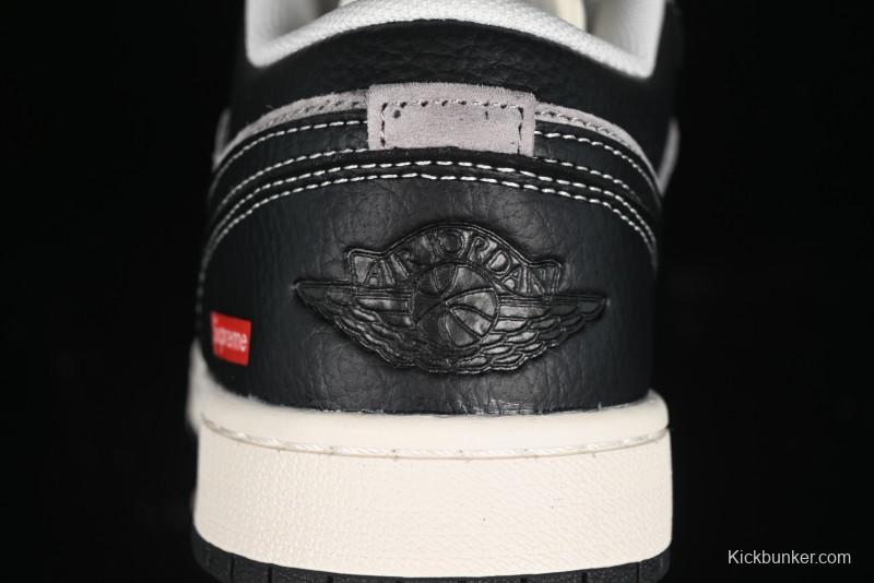 Nike Air Jordan 1 Low Supreme Collaboration - Black Grey Pigskin Two-Tone High-End Custom Retro Basketball Shoes - SJ9950-032