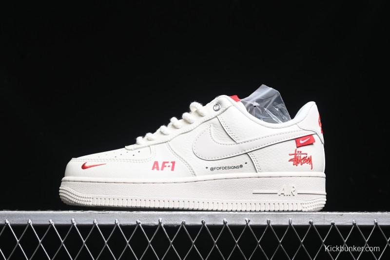 Nike Air Force 1 '07 Low Stussy Collaboration - AF1 White Red Label Low-Top Casual Sneakers - SJ6698-016