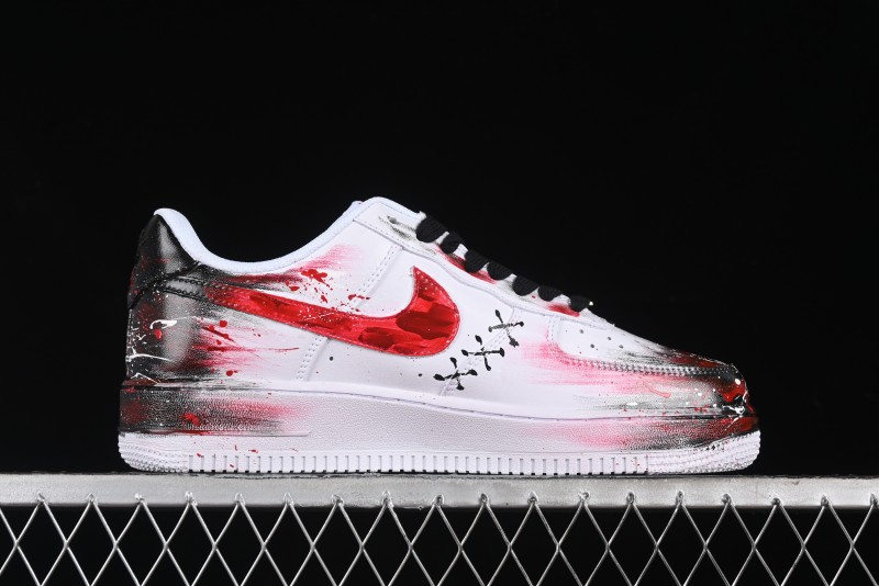Nike Air Force 1 '07 Low Casual Sneakers with 2D Black and White Hand-Painted Blood Night Stitching Design - CW8822-011