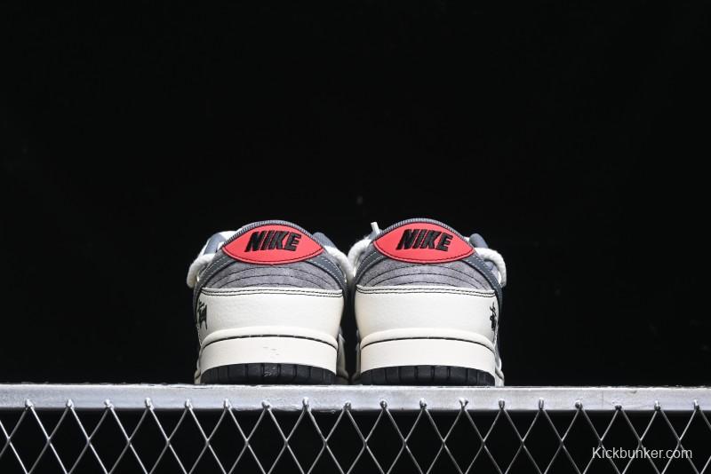 Nike SB Dunk Low Stussy Collaboration - Lace-Up Grey White Grey Check Anniversary High-End Custom Low-Top Casual Skate Shoes - YX5066-207