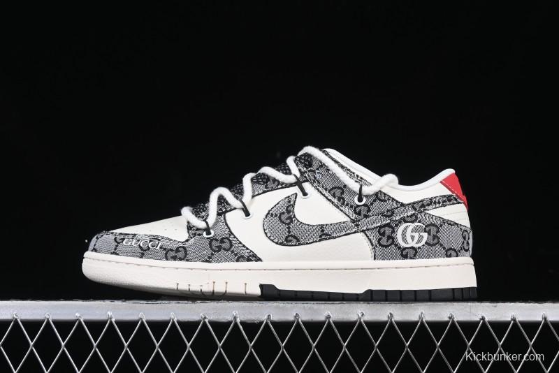 Nike SB Dunk Low Gucci Collaboration Grey Jacquard Swoosh Anniversary High-End Custom Low-Top Casual Skate Shoes - YX5066-215