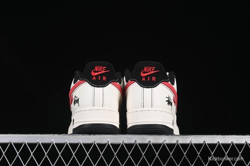 Nike Air Force 1 '07 Low Stussy Collaboration Black Stitch Red Swoosh Casual Sneakers - XS1958-518