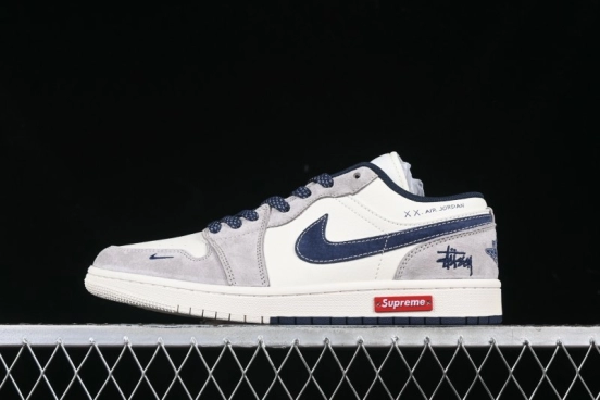 Nike Air Jordan 1 Low Stussy Collaboration Blue Suede Retro Basketball Shoes - SJ9950-035