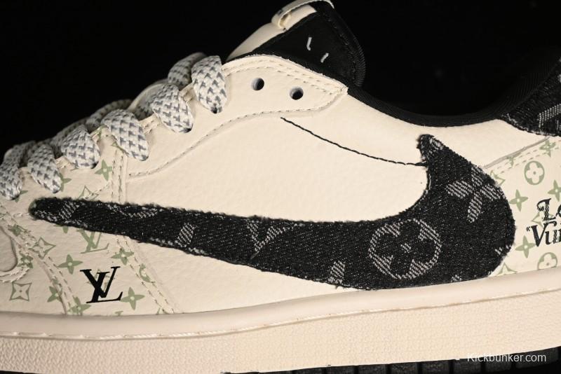 Nike Air Jordan 1 Low OG SP Travis Scott x Fragment Design Black Denim Print Casual Sneakers - SJ2068-005