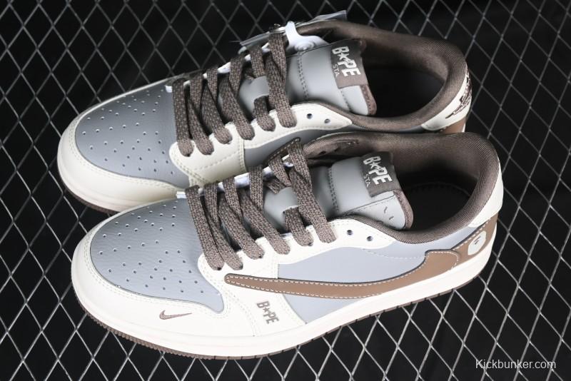 Nike Travis Scott x Fragment Design x Air Jordan 1 Low OG SP AJ1 Bape Collaboration Tea Brown Low-Top Casual Sneakers - BB6511-627