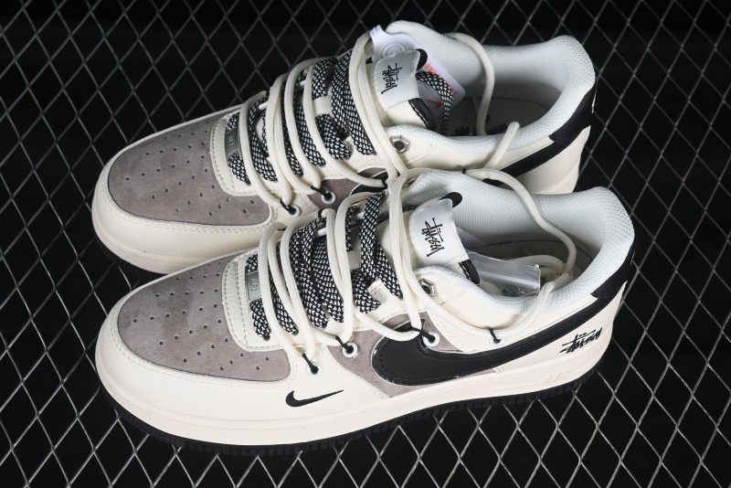 Nike Air Force 1 '07 Low Stussy Collaboration Beige Black Drawstring Casual Sneakers - SJ1198-109