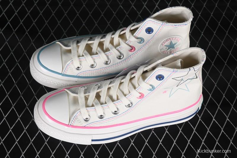 Converse Chuck 1970s High Top Casual Sneakers with Star Stitching and White-Pink-Blue Mismatched Design - A15744C