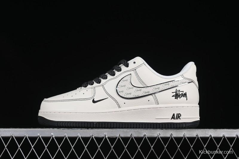 Nike Air Force 1 '07 Low Stussy Collaboration Beige Black Floral Swoosh Casual Sneakers - HH7518-040