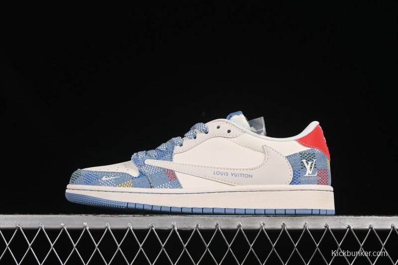 Nike Travis Scott x Fragment Design x Air Jordan 1 Low OG SP AJ1 LV Collaboration Multi-Color Canvas Low-Top Casual Sneakers - FC1688-232