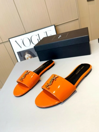 2025 Women Yves Saint Laurent Orange Patent Leather Slippers LY00180