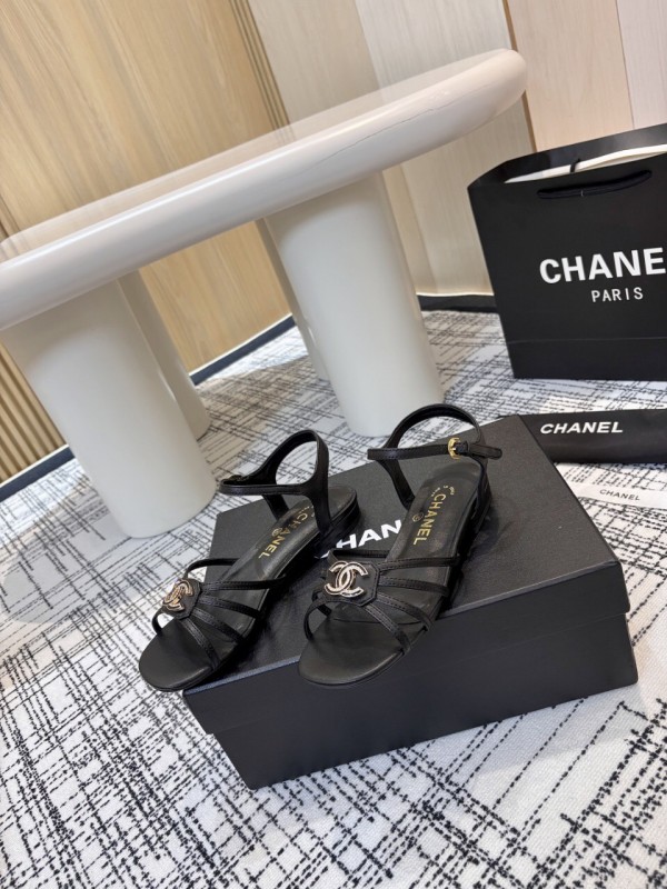 2025 Women Chanel Black Leather Sandals LY00270