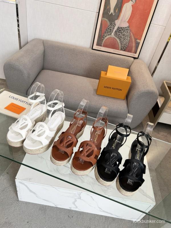 2025 Women Louis Vuitton Black Leather Espadrilles Sandals MJ00280