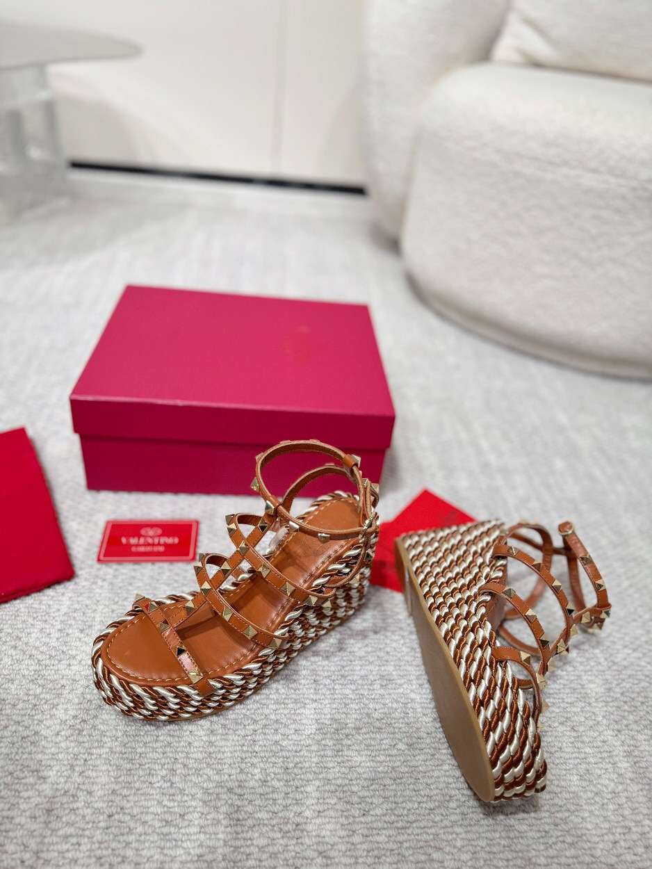 2025 Women Valentino Brown Leather Wedge Sandals Braided Cotton LY00290