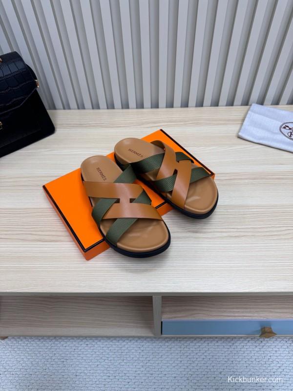 2025 Slippers Hermès Brown Green Leather Fabric Slippers