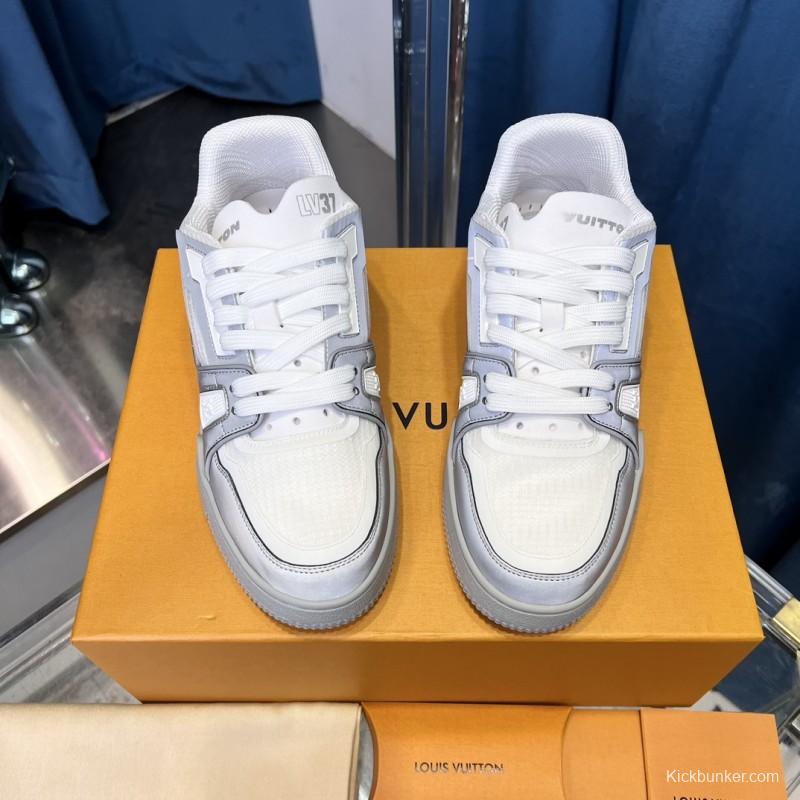 2025 Unisex Louis Vuitton White Light Grey Mesh Leather Trainer