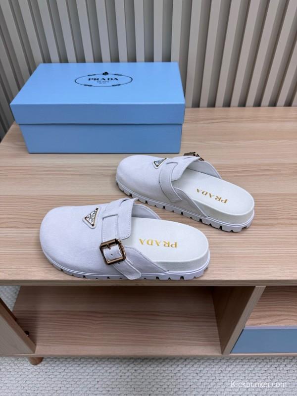 2025 Slippers Prada Light Gray Suede Slippers LY00280