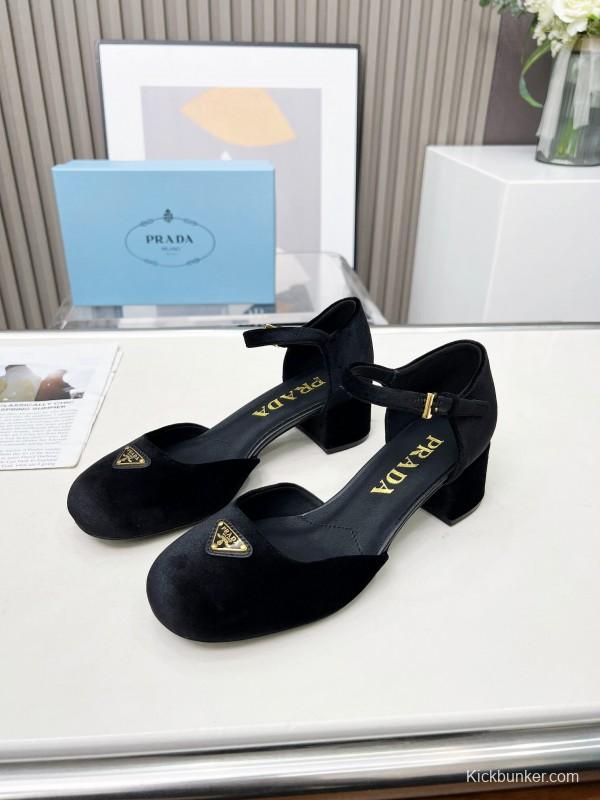 2025 Women Prada Black Velvet Mary Jane Block Heel KFY00270