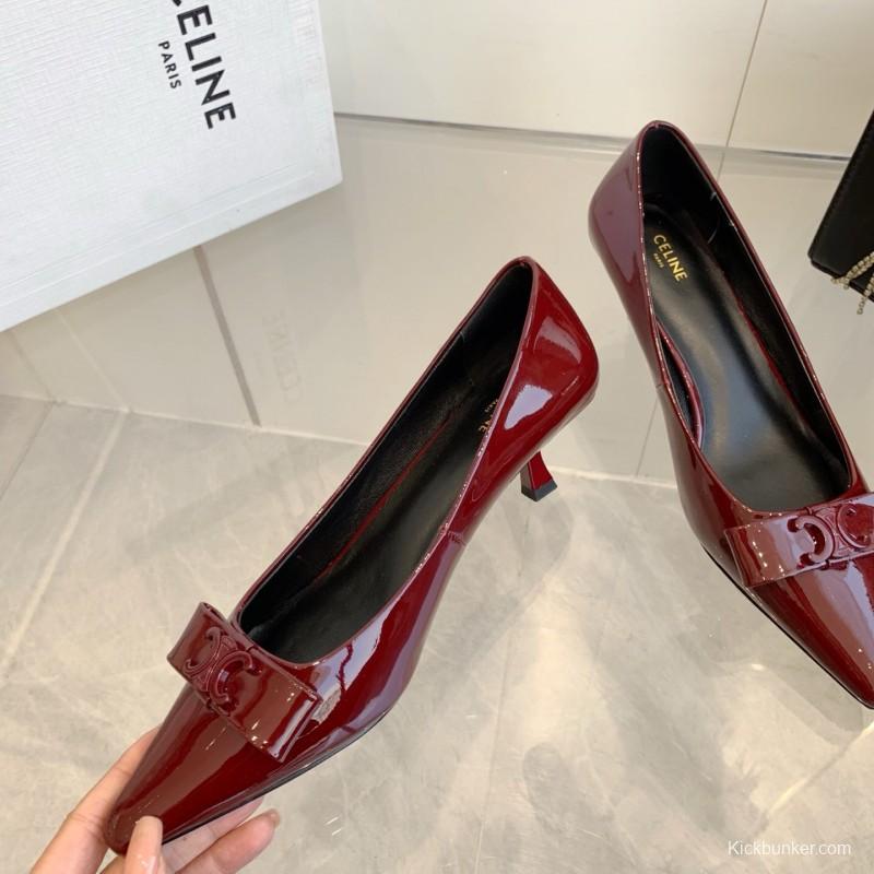 2025 Women Celine Burgundy Patent Leather Pointed Toe Pumps