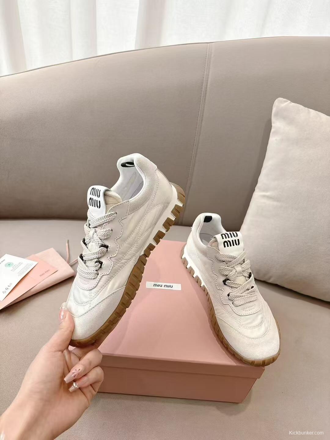 2025 Women Miu Miu White Beige Leather Nylon Casual Shoes KFY00280