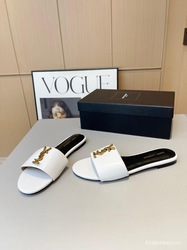2025 Women Yves Saint Laurent White Leather Slippers LY00180