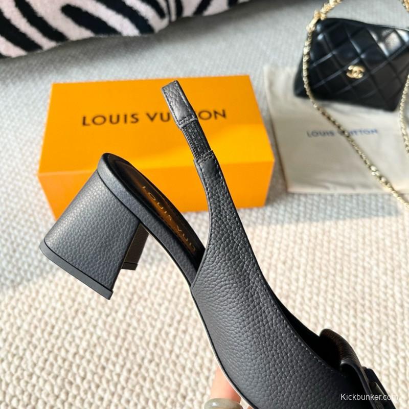2024 Women Louis Vuitton Black Leather Slingback Heel