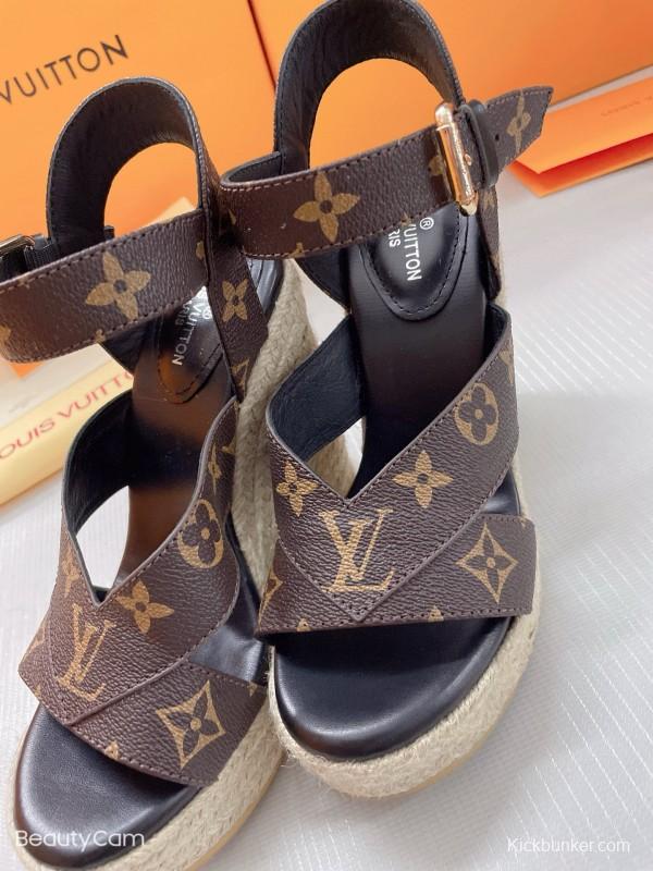 2025 Women Louis Vuitton Brown Leather Denim Espadrilles Wedge Sandals MJ00280