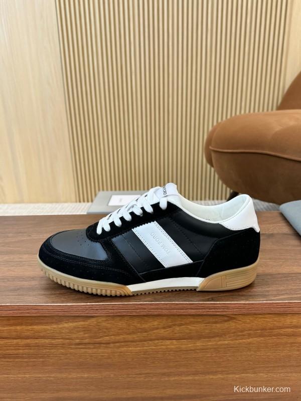 2025 Unisex TOM FORD Black White Leather Suede Sneakers Classic Contrasting LY00360