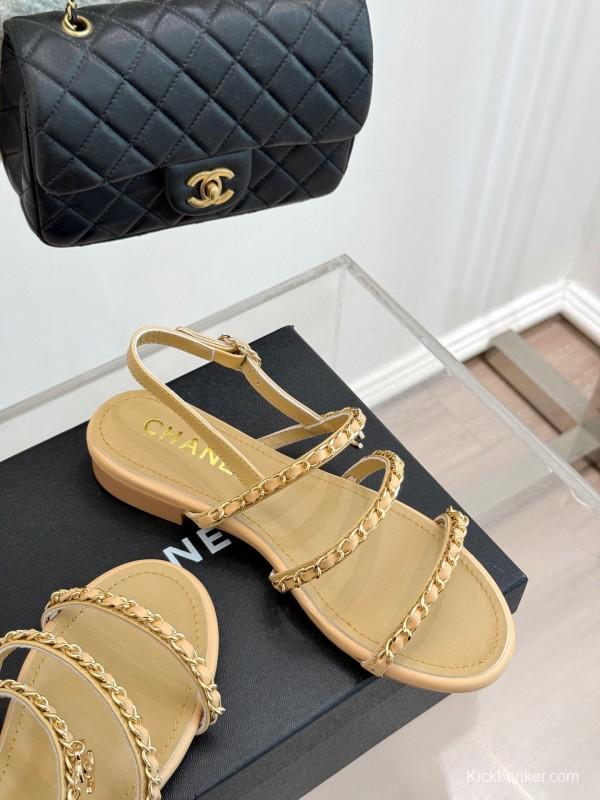 2025 Women Chanel Beige Leather Sandals KFY00270