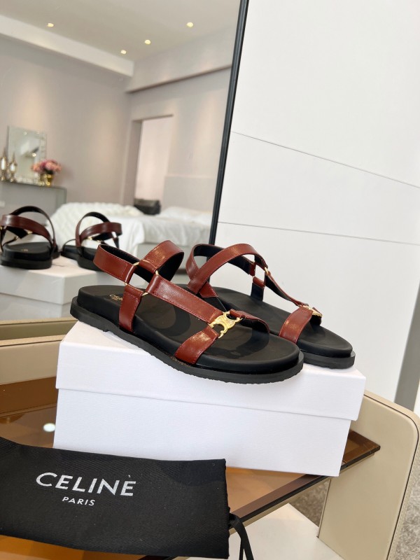 2025 Women Celine Brown Leather Flat Rome Sandals LY00220