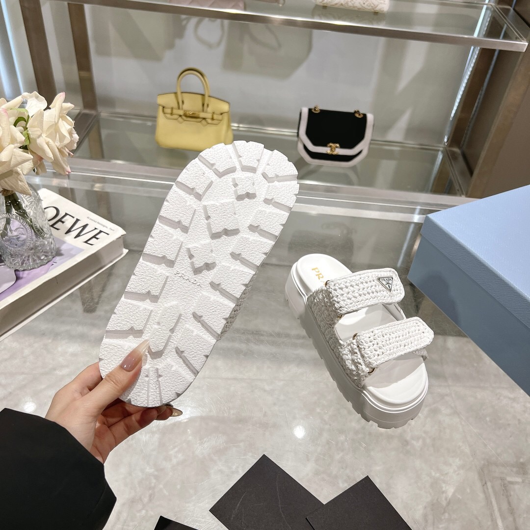 2025 Women Prada White Knit Leather Slippers