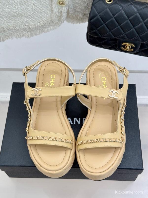 2025 Women Chanel Beige Leather Platform Sandals Chain KFY00270