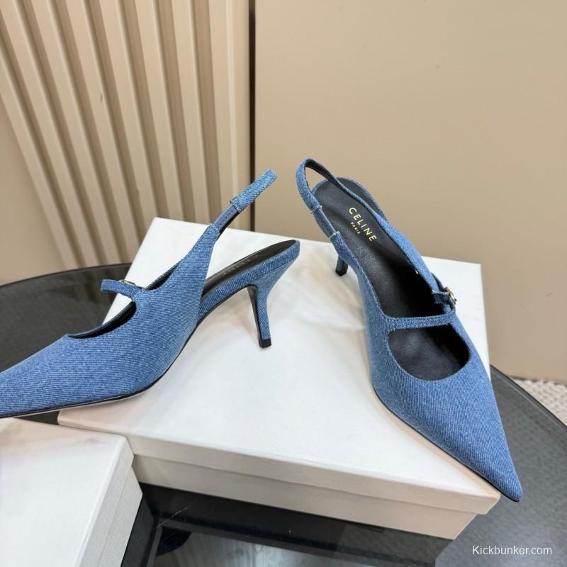 2025 Women CELINE Blue Denim Suede Slingback Pumps KFY00290