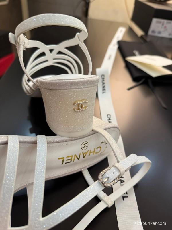 2025 Women Chanel White Leather Sandals