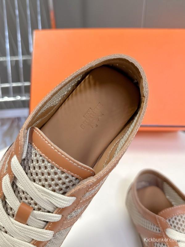 2025 Women Hermès Beige Brown Leather Mesh Sneakers KFY00250
