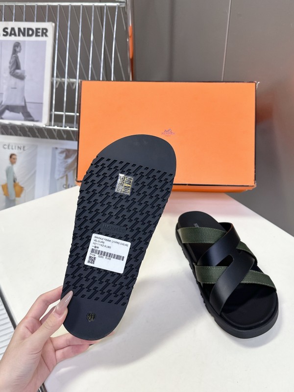 2025 Slippers Hermès Black Green Leather Fabric Slippers