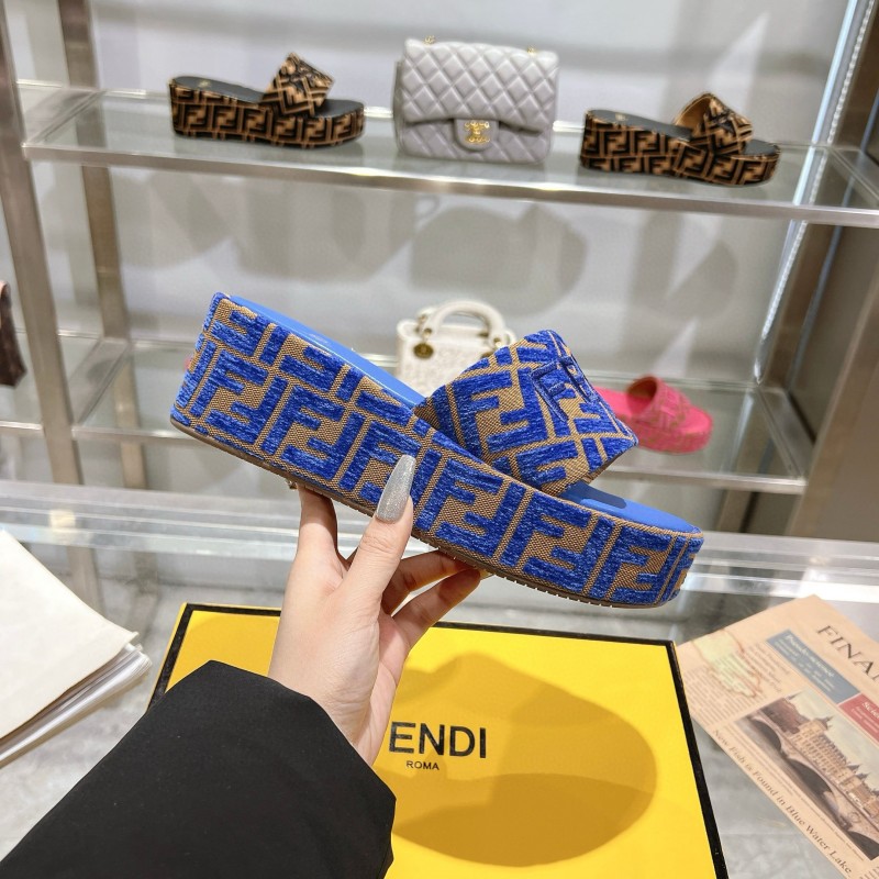 2025 Fendi Blue Brown Canvas Slippers