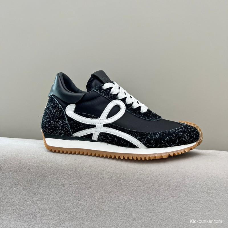 2025 Women Loewe Black White Leather Fabric Sneakers