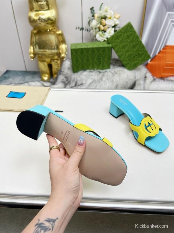 2025 Gucci Blue Yellow Leather Slippers