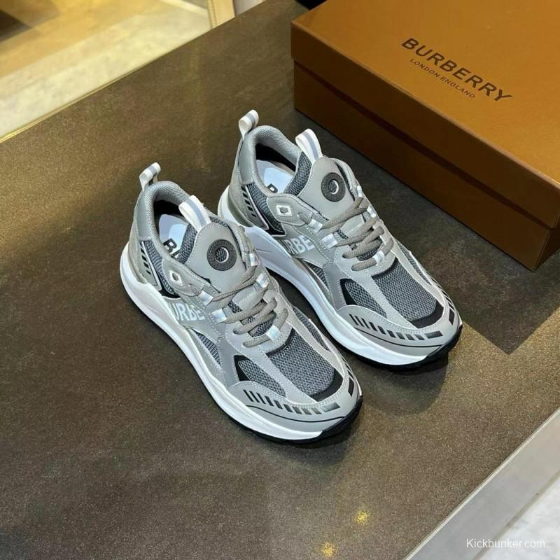 2025 Unisex Burberry Grey Suede Leather Mesh Sneakers Vintage Code MJ00380