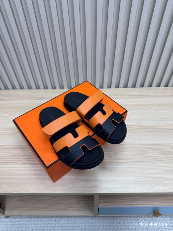 2025 Women Hermès Orange Black Leather Slippers