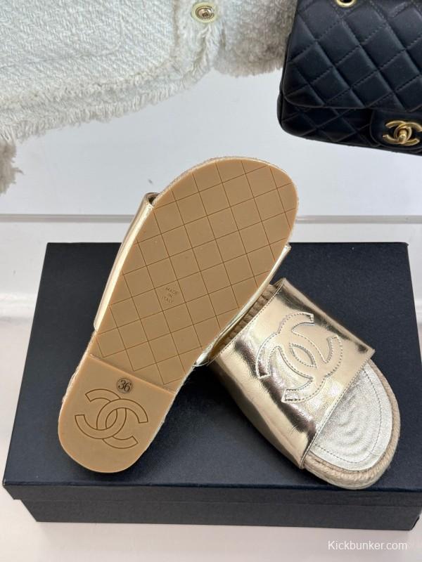 2025 Women Chanel Gold Leather Slippers