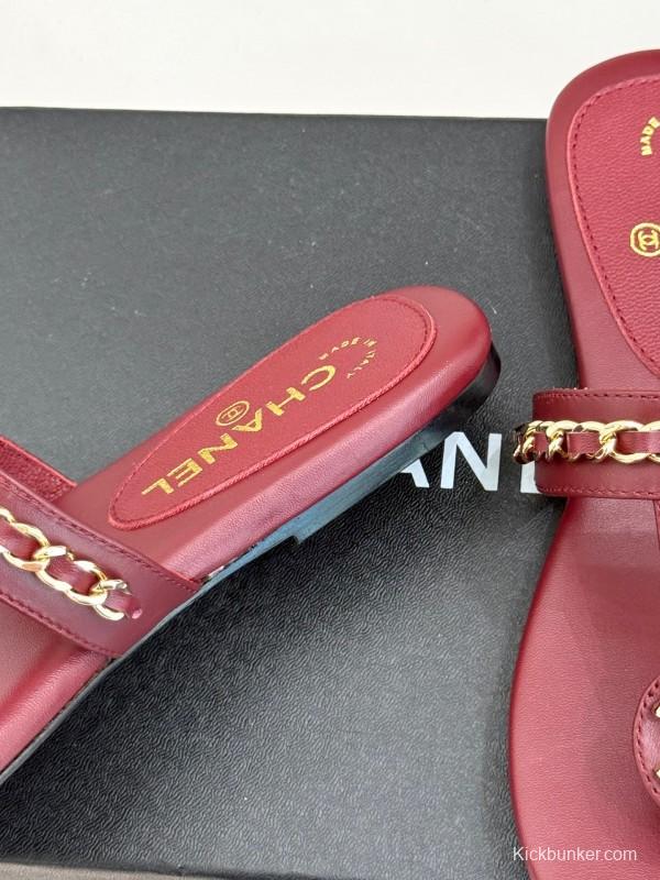 2025 Women Chanel Red Lambskin Chain Sandals KFY00250